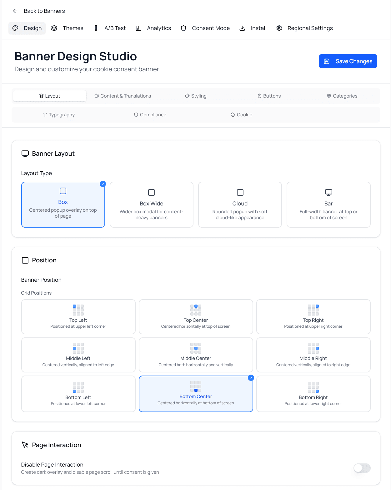 Opciones de diseño de banner de CookieBeam
