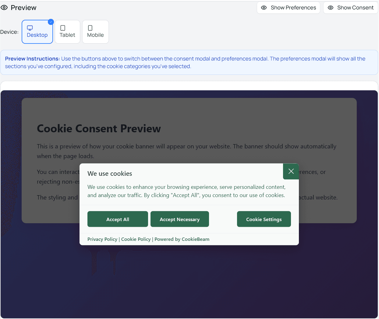 Función de vista previa en vivo de CookieBeam