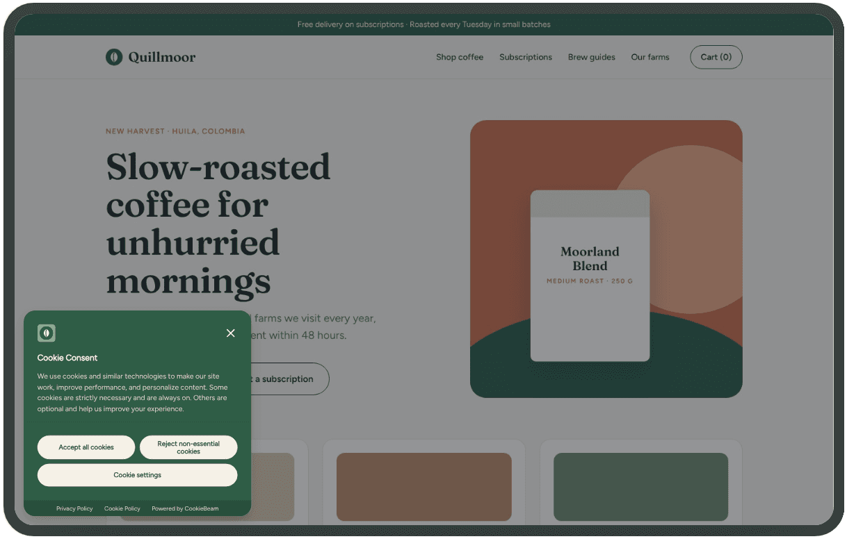 The same consent banner previewed on Desktop