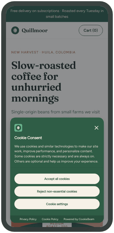 The same consent banner previewed on Mobile