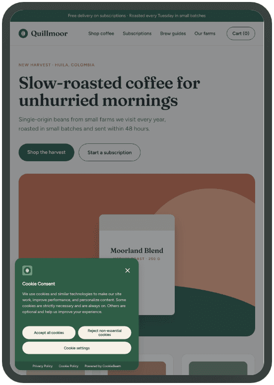 The same consent banner previewed on Tablet