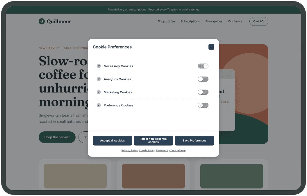 Preferences panel: Category toggles visitors can switch on and off one by one.