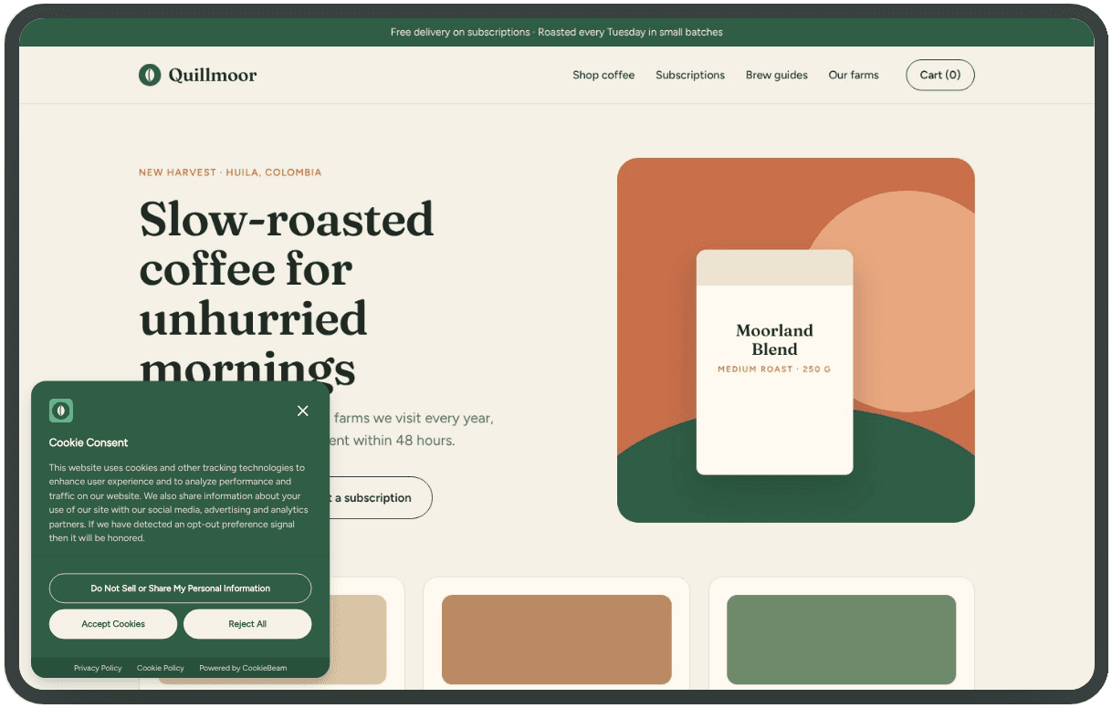 The Forest Roast style previewed on desktop under the California preset, with a Do Not Sell or Share My Personal Information button