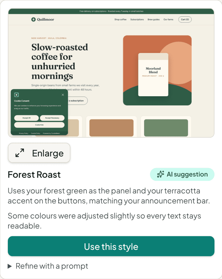 One suggested banner style, Forest Roast, shown on a capture of a coffee shop homepage with the reason it was chosen