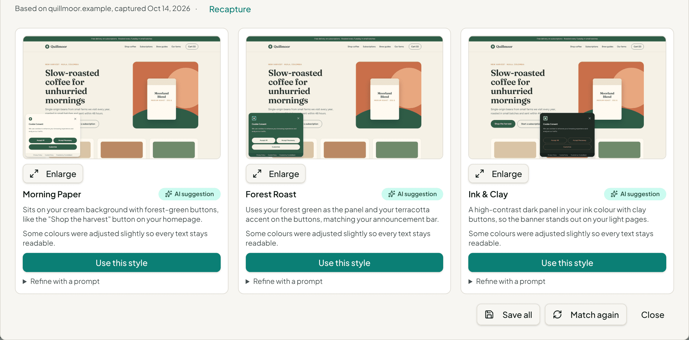 Match my website: three suggested banner styles, each shown on a capture of the same coffee shop homepage, with a short reason and a Use this style button