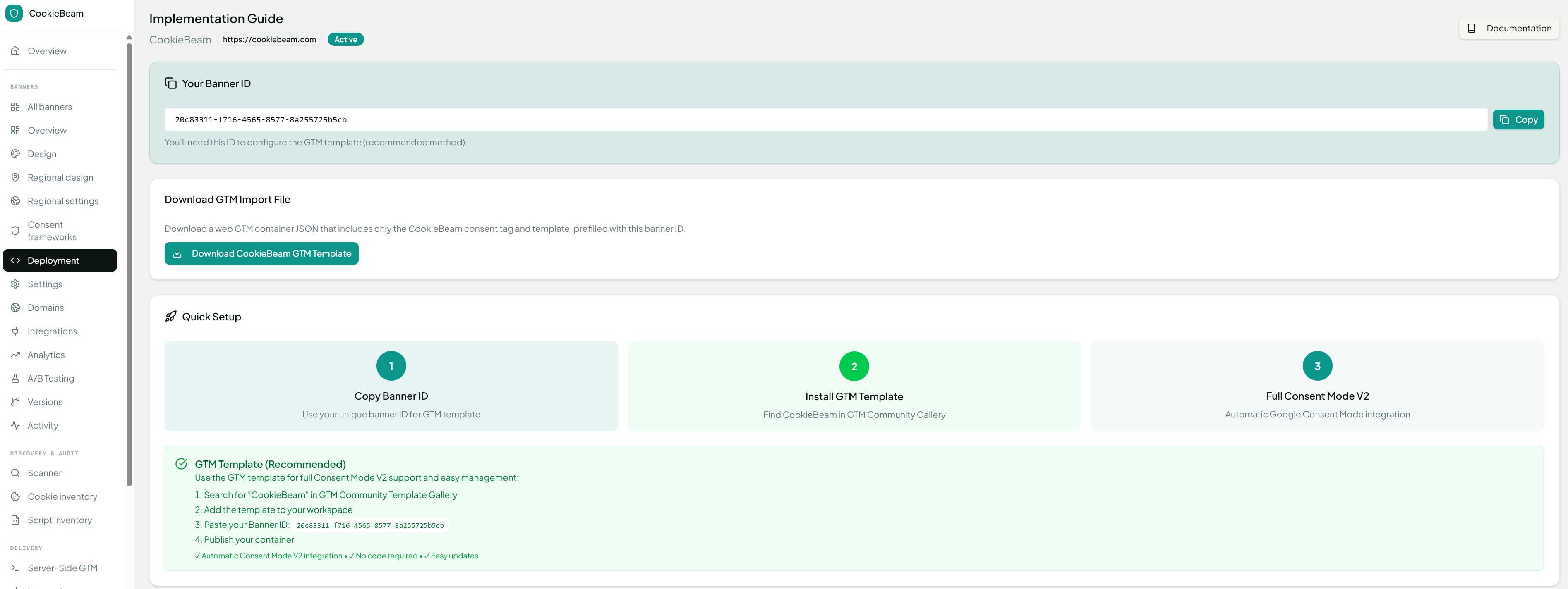 CookieBeam dashboard Deployment screen showing the Banner ID, a Download GTM Template button, and Quick Setup steps