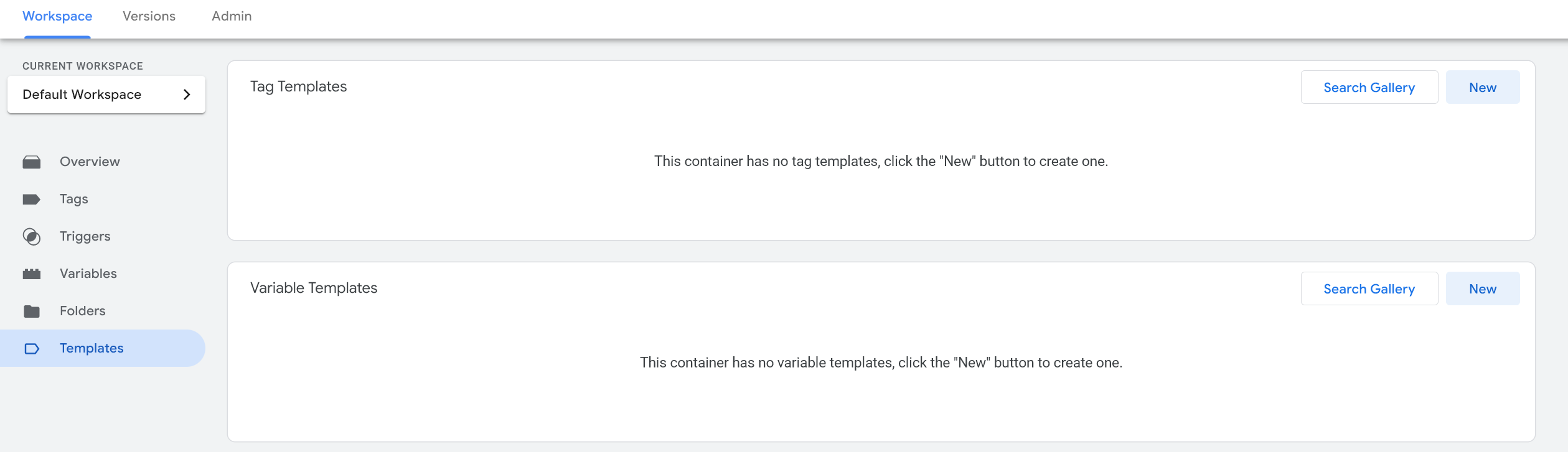 Google Tag Manager Templates screen with Tag Templates and Variable Templates sections and the New and Search Gallery buttons