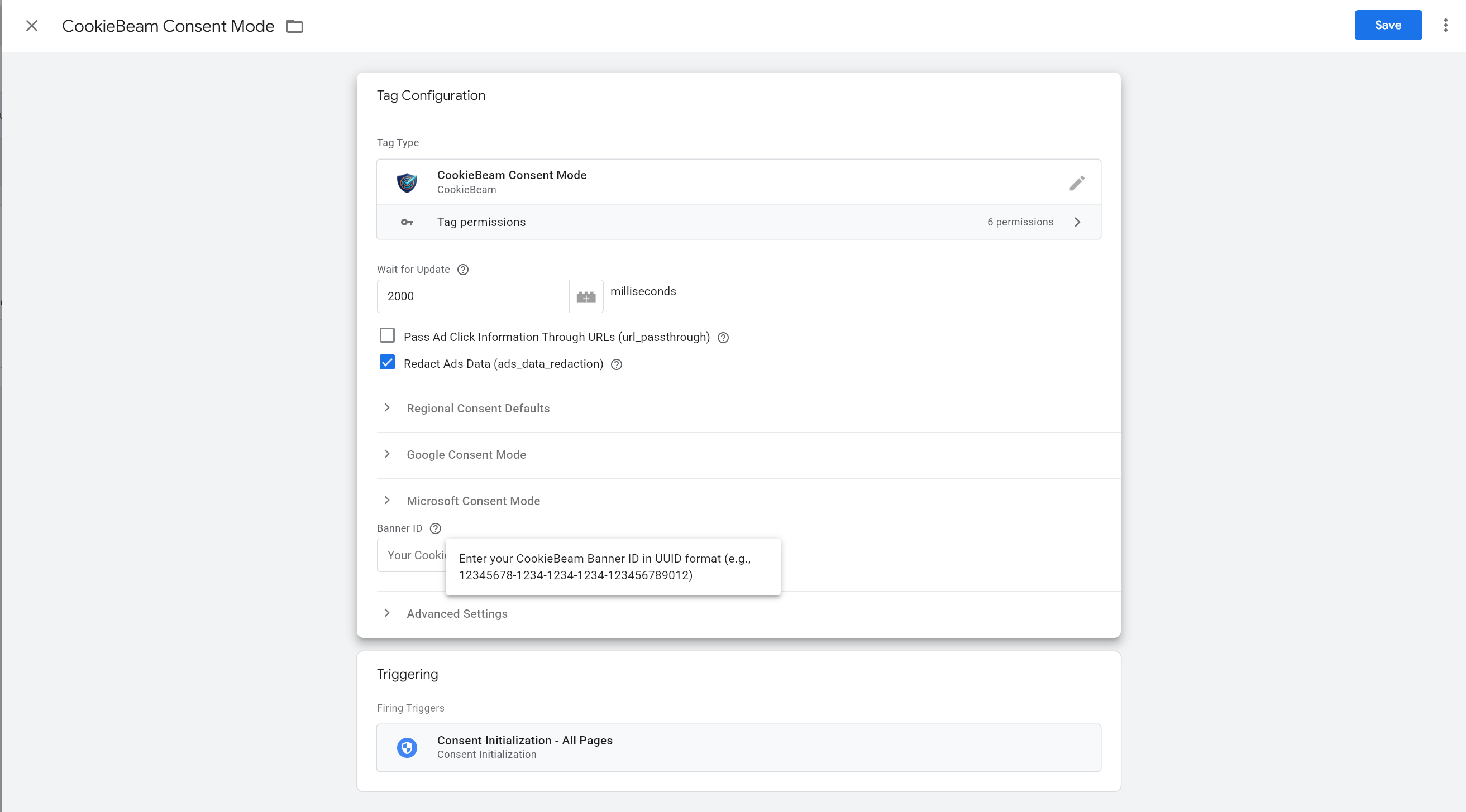 GTM tag configuration for the CookieBeam Consent Mode tag: Wait for Update, Regional and Google and Microsoft Consent Mode sections, the Banner ID field, and a Consent Initialization - All Pages trigger